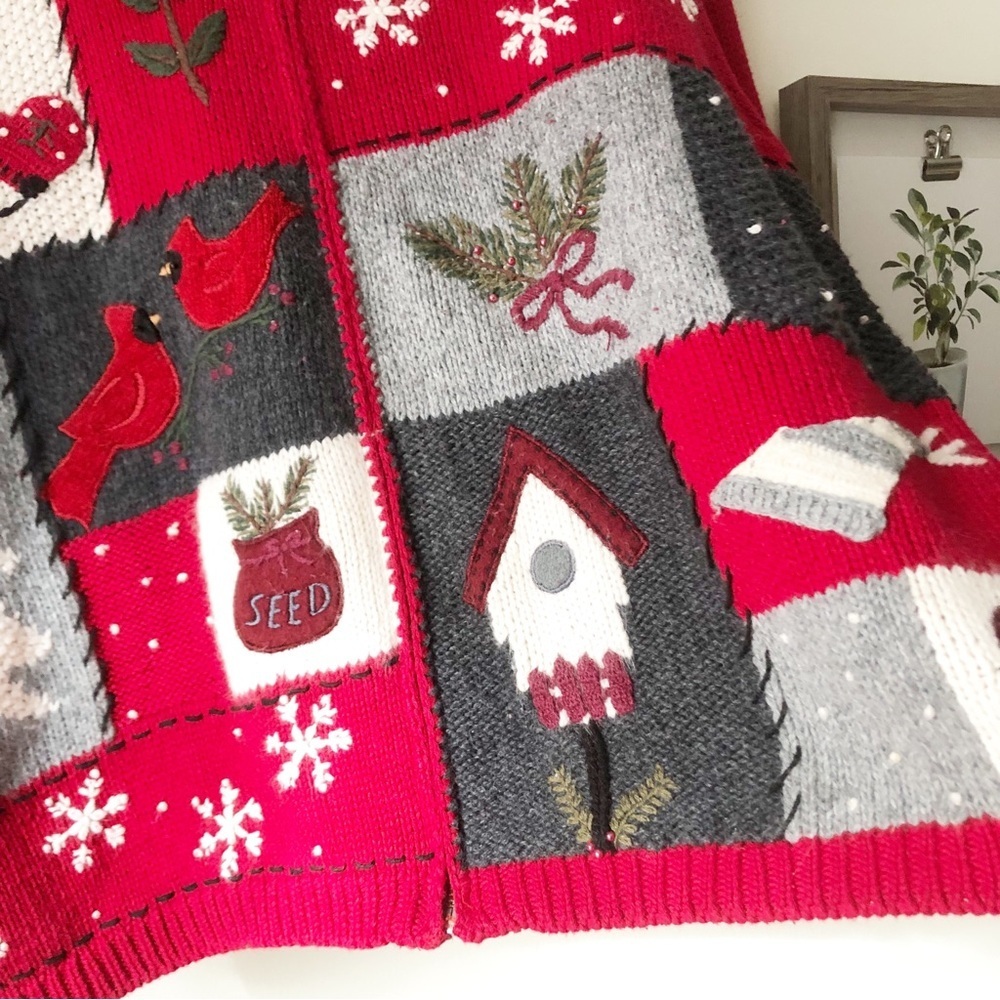 Vintage Croft Barrow Red Winter Patchwork Cardinal Snowflake Full Zip Sweater XL - Picture 13 of 14